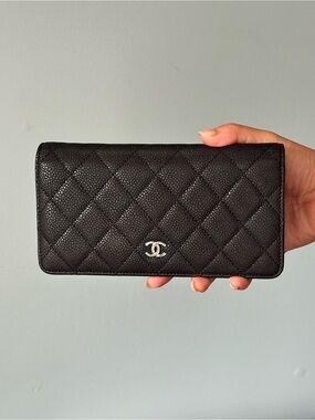 CHANEL Black Quilted Caviar Leather Long Flap Wallet (Silver Hardware)